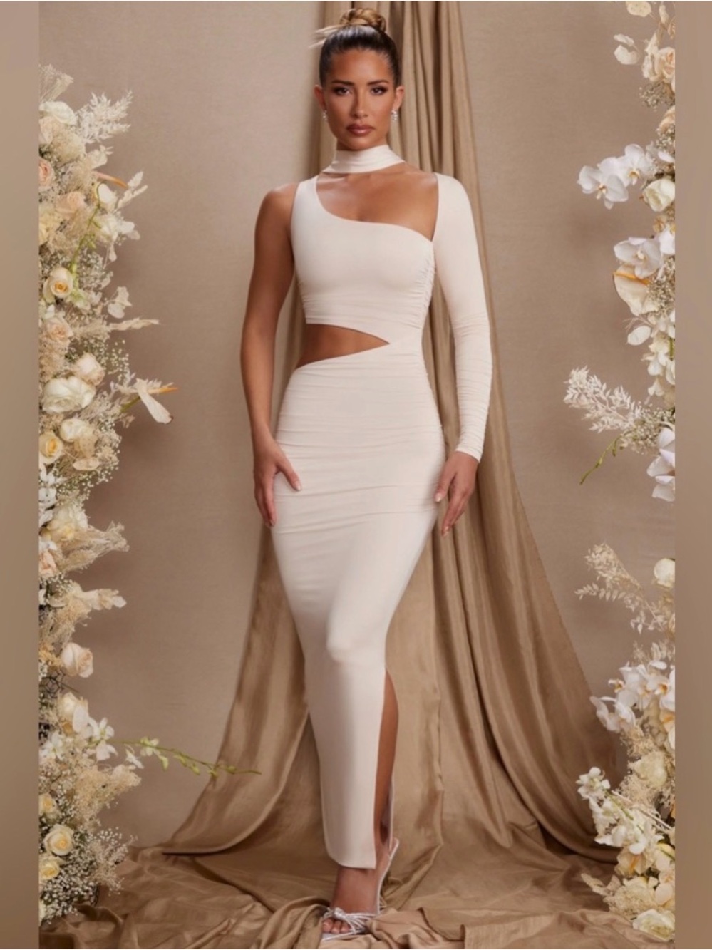 Oh Polly Cream One-Shoulder Cutout Bodycon Maxi Dress